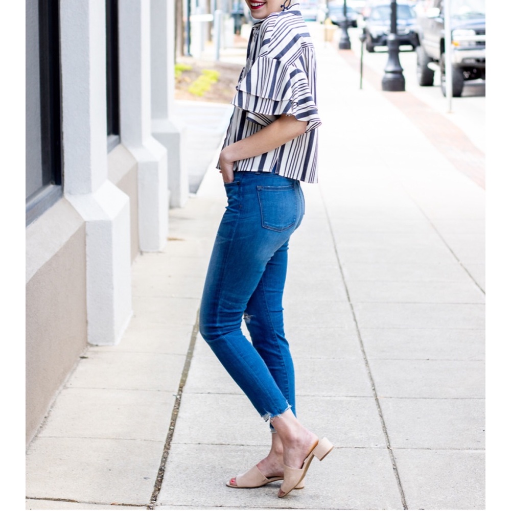 A New Day Striped Ruffle Flutter Sleeve Crop Top - Picture 3 of 8